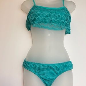 *Roxy New Turquoise Chevron Lace Overlay Top with Cheeky Bikini Bottoms A66